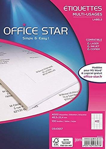 OFFICE STAR Låda med 4 000 vita anti stamp och multifunktionsetiketter, 48,5 x 25,4 mm format, anpassningsbar utskrivbar alla typer av laserskrivare, bläckstråle, kopiator 4004182436578