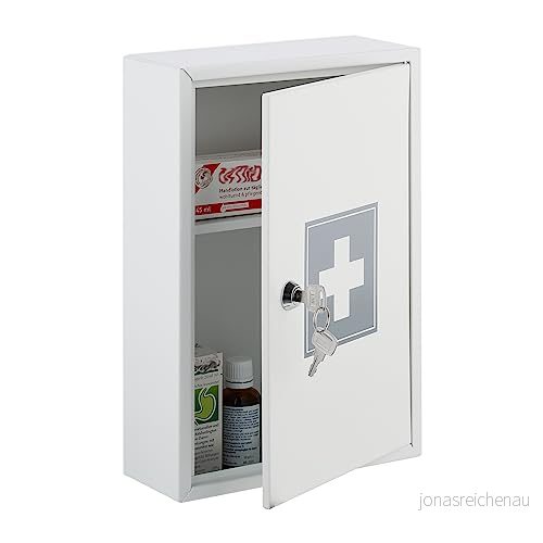 Relaxdays Medicskåp, låsbart, 2 fack, H x B D: 32 21,5 8 cm, för mediciner, hängande läkeskåp, vit/grå, järn 4052025453336