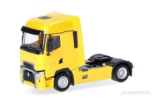 Herpa lastbilsmodell Renault T facelift styv traktor, gul, dragbil med kran och bakre stöd, miniatyr i skala 1:87, samlarföremål, tillverkad Tyskland, plastmodell 4013150351690