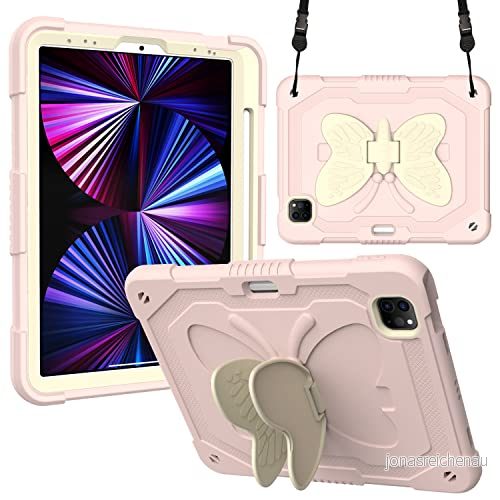 Kompatibel med iPad 8th 10.2 (2020), 3D Heavy Duty Hard Rugged skyddsfodral, tecknat, söta fjärilsvingar, stativ, stötsäkert silikonfodral stativ för barn (ris rospulver) 755985989566