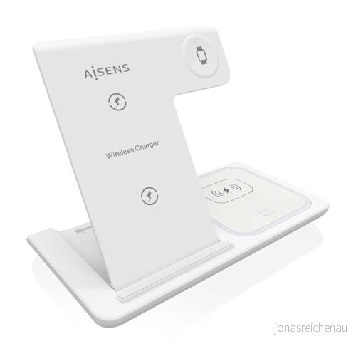 AISENS ASCH 15W3WC044 W 15W trådlös USB C 3 i 1 laddare för mobiltelefon, Apple Watch, med laddningsfodral, vit 8435739901694