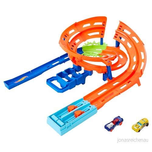 Hot Wheels banset för leksaksbilar, Whip Around Raceway, två leksaksbilar i skala 1:64, enkel förvaring, HTK17 194735191987