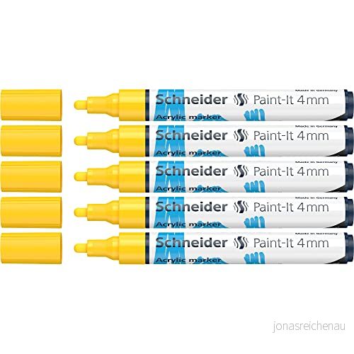 Schneider 120205 Paint It akrylpennor (med 4 mm rund spets, högtäckande akrylfärger för trä, duk, sten och mycket mer.) 5 pack, gul 4004675144898