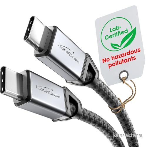 KabelDirekt USB C kabel för Snabbladdning, Stöttåliga Metallkontakter + Nylonflätning, 2.0 1,5m (Laddar telefoner/laptops med 60W, Mycket robust, Fungerar som laddnings /datakabel, Svart) 4262421060223