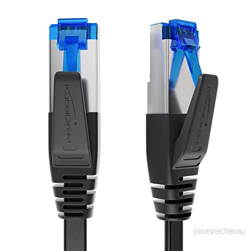 KabelDirekt Platt CAT7 Ethernet kabel med bruddsäker design, internet/LAN 7,5 m (10Gbps för maximal glasfiberhastighet, RJ45 kontakt, speciellt flexibelt, lämpligt montering, svart) 4260538856388
