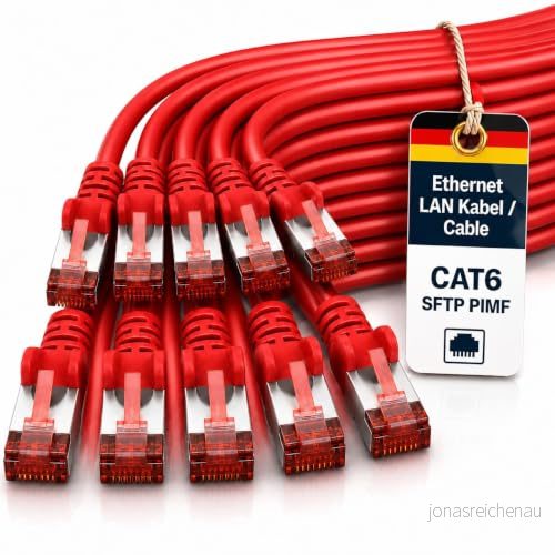 1aTTack.de 10 m Cat6 Ethernet kabel Lan Patch Cat 6 kablar Internet Rj45 kontakt 1 Gbit/s SFTP PIMF för strömbrytare, router, modem, dator, spel, TV, patchfields röd stycken 4250344827238