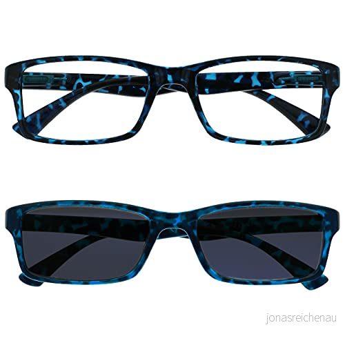The Reading Glasses Company svarta läsare med UV400 sol värde tvåpack designer stil män kvinnor RS92 1 +1,00 +2.00 Optical Power Blue Tortoiseshell 5055955315735