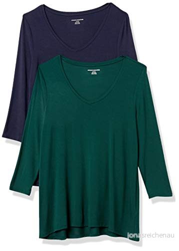 Amazon Essentials Women's V ringad Swing T shirt med kvartsärmar (finns i plusstorlek), Pack of 2, Marinblå/Jadegrön, XS 194223868575