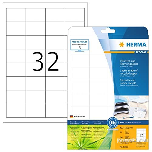 HERMA 10702 x 20 stycken återvunna etiketter, 48,3 33,8 mm, 32 per A4 ark, 640 stycken, självhäftande klistermärken, utskrivbara, matta tomt återvunnet papper naturligt vitt 4008705107020