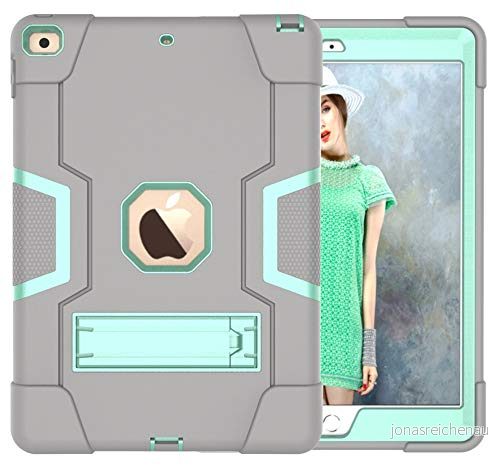 iPad 10,5 2017/air10,5 (2019) generationen med kickstativ, hållbar hård hybrid tre lager skydd surfplatta silikonfodral (grå + aqua 755985118713