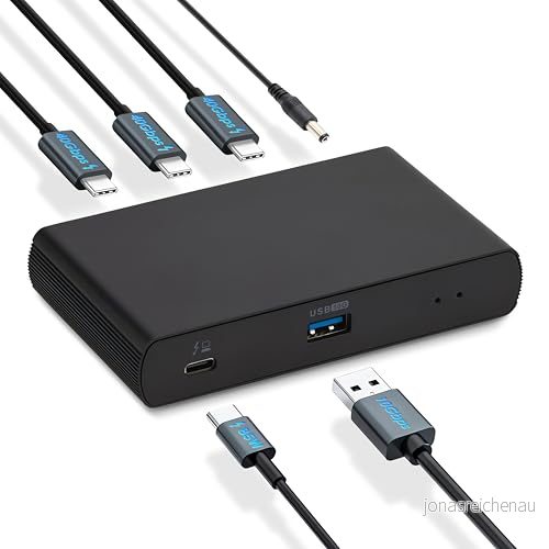 Amazon Basics Thunderbolt 4/USB 4 dockningsstation, 3 x nedströms TBT4 (dubbel skärm), 1 USB A 3.1, EU, svart, 12,2cm 7,2cm 2,2cm 840324412314