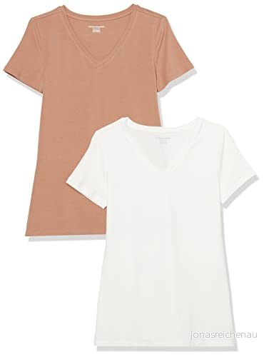 Amazon Essentials Women's Kortärmad V ringad T shirt klassisk passform, Pack of 2, Ljusbrun/Vit, M 196433846664