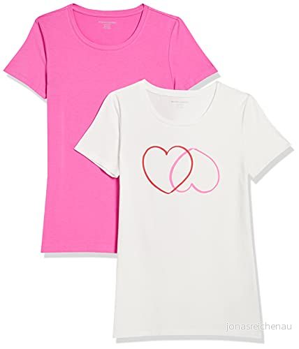 Amazon Essentials Women's Kortärmad T shirt med rund hals klassisk passform, Pack of 2, Rosa/Vit Hjärtan, L 195111450865