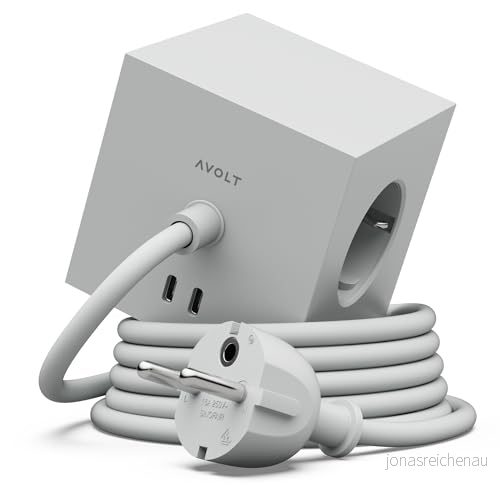 AVOLT Square 1 uttagkub grenuttag kub med USB-C 30W, eluttag 3 uttag och 2 USB-C-portar, m kabel, magnetfäste, skandinavisk design för hem kontor resa (Gotland Gray, 3m USB C) 7350103842551