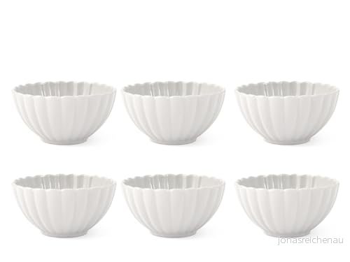 H&H Glassskålar, frukostskålar, fruktskålar, stengodskoppar, set om 6, diameter 14 cm, vit, för frukost, frukt, dessert, mikrovågsugns och diskmaskinssäker. Linje: Lotus 8003512871412