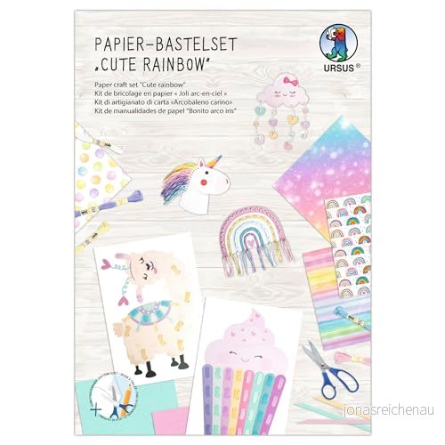 Ursus 8080001F pappershantverk set söt regnbåge, av fotokartong, flätblad, stansdelar, flätremsor och broderigarn, inkl. steg för instruktioner 4008525253082