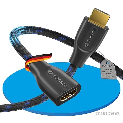 Sonero® 4K HDMI förlängningskabel, premium hög hastighet, 60 Hz, kontakt till uttag, guldpläterade kontakter, dubbel avskärmning, bomullsrock, 0,50 m 4251364736593