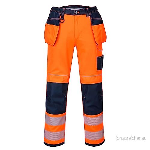 Portwest T501 Förstärkta Arbetsbyxor med Verktygsficka PW3 Hi-Vis Orange/Marinblå, 32 5036108307050