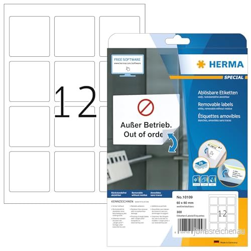 HERMA 10109 universella etiketter A4 avtagbart, set med 32 självhäftande, utskrivbara, avtagbara och återhäftande adressetiketter, 9 600 klistermärken, vit 4008705874434