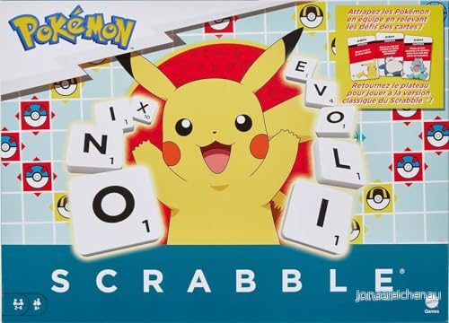 Mattel Games Pokémon Scrabble, familjebokstavsspel med två sätt att spela, innehåller 50 utmaningskort karaktärer, för 2 till 4 spelare, HXT27 194735237715