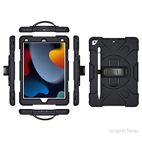 iPad Pro 11 2018/2020/2021 generationen fodral med skärmskydd pennhållare kickstand 360 vridbar handledsrem stativ robust skyddsfodral (svart) 755985090811
