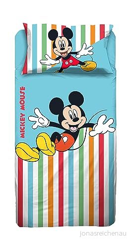 Mickey Mouse Musse Pigg lakan, set för enkelsäng, Disney överlakan, med hörn, örngott, blå, (100% bomull, officiell) 8300252063016