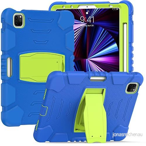 Samsung Tab grundare på 10,1 T590 T595 med stöd, hållbar, hybrid, chockerande, resistent, tre lager, silikonskydd för barnsurfplatta (blå + grön gul) 755985006874