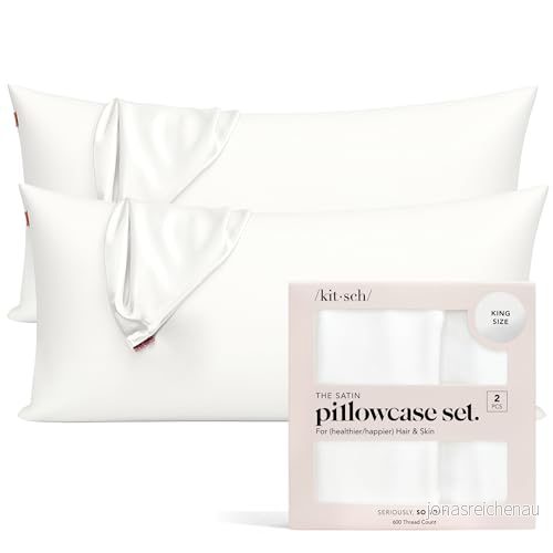 Kitsch 100% satinörngott med dragkedja, mjukare än silkesörngott för hår och hud, kylande kuddfodral, (kung (2 pack), elfenben) 819677029876
