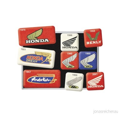 Nostalgic Art Kylskåpsmagneter i retrostil, 9 stycken, Honda Logo Evolution Presentidé för fans, magnetset magnettavlor, vintagedesign 4036113831329