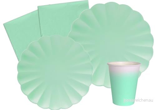 Party Tableware Set Flower Shape for 8 people (44 pcs: plates Ø23cm, Ø18cm, cups 200ml, 20 napkins 33x33cm) in eco friendly compostable paper, mint green 8026196982724