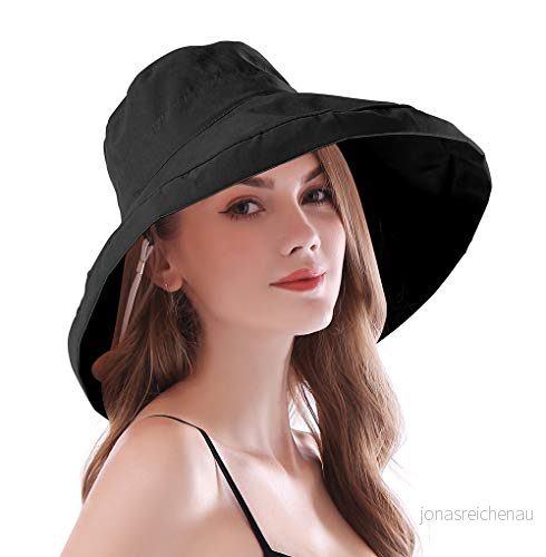 AIDIER Kvinnor brett brätte solhattar med remmar damer vikbar UPF 50+ solskydd hinkhatt elegant resa sommarhatt, Svart, one size 791307268315