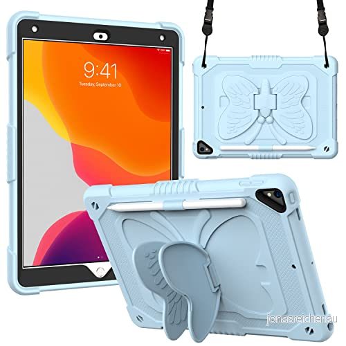 Kompatibel med iPad Air5 10,9 (2022), 3D Heavy Duty Hard Rugged skyddsfodral, tecknad söt fjärilsvingar, stativ, stötsäkert silikonfodral stativ för barn (blå) 755985988576