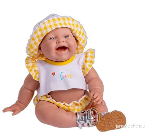 JC Toys Lola Lemon Twist docka 36 cm mjuk vinyl, leende ansikte, sittande docka, Vichy tryck kläder och sandaler, flicka, tillverkad i Spanien, 2 år 43657187274