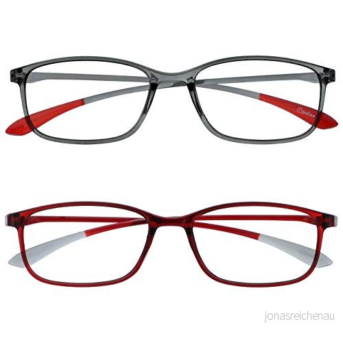 OPULIZE Is 2 pack superlätta läsglasögon grå mörkröd dam herr RR61 7Z +3,00 5055955371991