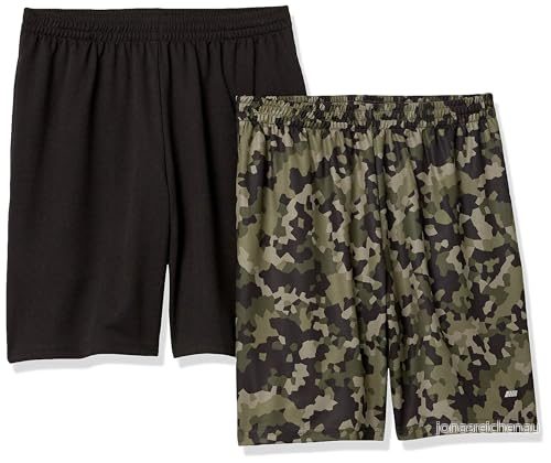 Amazon Essentials Men's Performance Tech shorts med lös passform (finns i Big & Tall), Pack of 2, Grön Geo kamouflage/Svart, S 195111305356
