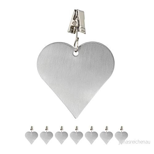 Relaxdays bordsduk vikter, paket med 8 klämmor, gardinklämmor, inom och utomhus, rostfritt stål, hjärta, silver 4052025916695