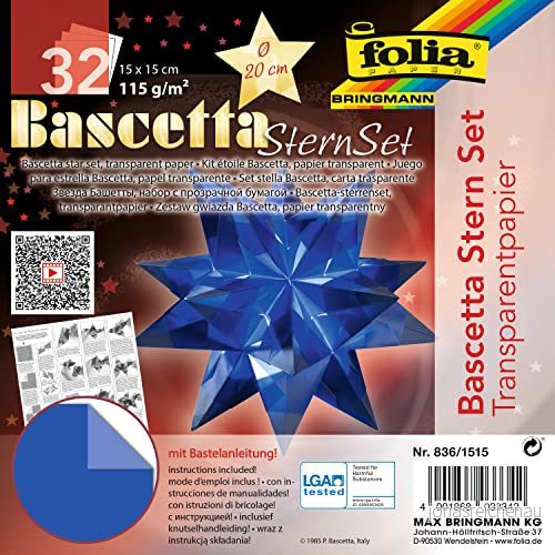 folia 836/1515 Hantverksset Bascetta stjärna, transparent blå, 15 x cm, 32 ark, färdig storlek på pappersstjärna ca 20 med detaljerade instruktioner perfekt för tidlös dekoration 4001868033342