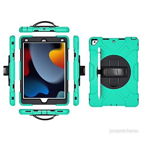 iPad 10.2 2019/2020/2021 generationen fodral med skärmskydd pennhållare kickstand 360 vridbar handledsrem stativ robust skyddsfodral (jadegrön) 755985083912
