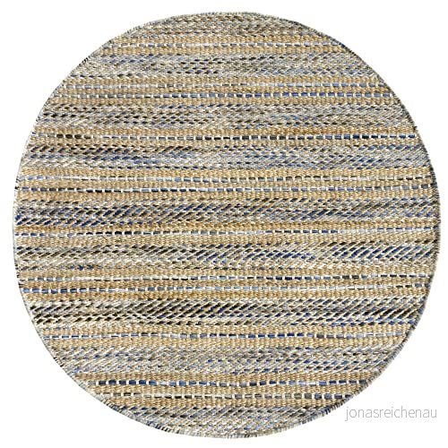 HAMID ull och jutmatta rund olivia, handvävd jute matta för vardagsrum, sovrum, blåådrad, (100 x 100 cm) 8436605077314