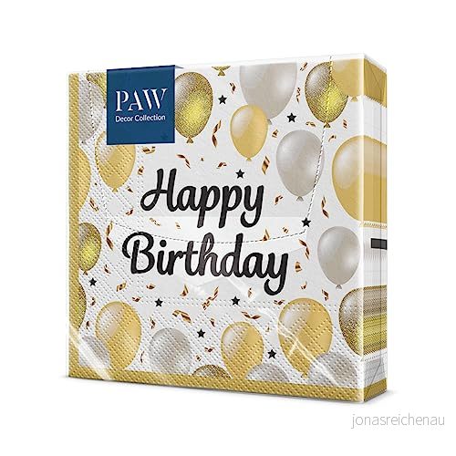 PAW servetter d'anniversaire (33 x 33 cm) I 20 pièces fêtes, jubileum, célébrations avec motiv ballong eller blanc dekoration de table ballonger joyeux anniversaire 5906360644777