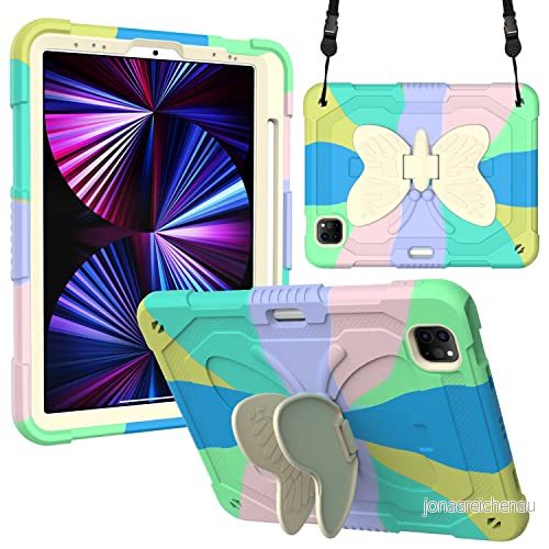 Kompatibel med iPad Air5 10,9 (2022), 3D Heavy Duty Hard Rugged skyddsfodral, tecknad söt fjärilsvingar, stativ, stötsäkert silikonfodral stativ för barn (ljusgrön) 755985988750
