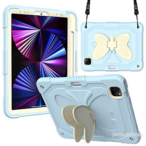 Kompatibel med iPad 8th 10.2 (2020), 3D Heavy Duty Hard Rugged skyddsfodral, tecknad söta fjärilsvingar, stativ, stötsäkert silikonfodral stativ för barn (ris iskristallblå) 755985989597