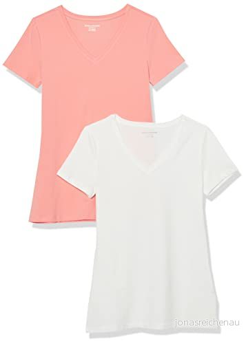 Amazon Essentials Women's Kortärmad V ringad T shirt klassisk passform, Pack of 2, Persika/Vit, XL 196433846985