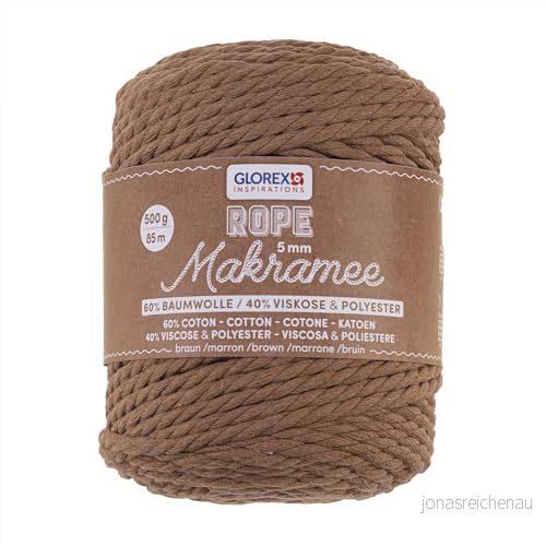 GLOREX 5 1007 21 makramérep mm, 500 g, brun, längd 85 m, supermjukt textilgarn av 60% bomull, 40% viskos, för virkning, stickning, knytning och textildesign 7610877599823