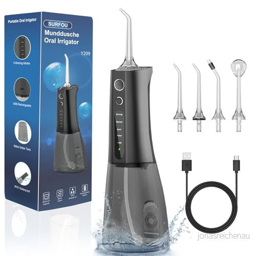 SURFOU Dental Jet Hydropulzer och irrigatorer 5 lägen 7 ändkåpor, IPX7 vattentät, uppladdningsbar USB typ C 300 ml vattentank för resor hemmabruk 792684216012