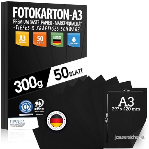 50 ark svart pysselkartong 300 g/m² premiumpapper djupsvart DIN A3 skrivarpapper otryckt för fotografi, presentationer, hantverk, fotokartong, kartong tillverkad i Tyskland 4260549658582