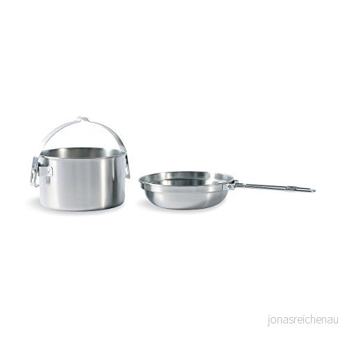 Tatonka Camping matlagningsset kettle 1,0 l kastrull och panna av rostfritt stål 1 liter volym med handtag för upphängning Ø 14,5 x 10,5 cm, silver 4013236400113
