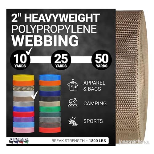 Strapworks slitstarkt spännband i polypropen kraftig rem för reparation, utomhusutrustning, gör det själv projekt, 5 cm x 9,1 m (2 tum 10 yard), färg: ljusbrun 848862037419