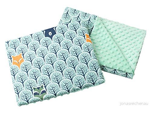 Medi Partners Babyfilt krypfilt med kudde 100% bomull minky barnfilt 55 x 75 + 35 30 cm multifunktionell för barnvagn, babystol, vagga (björn i skogen minzer minky) 5903031425642