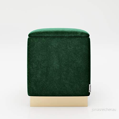 PLAYBOY Pouf med lagringsutrymme och guldfot, avtagbart lock, sammetstyg i ljusblå, retrodesign, sittpall, tvättbehållare, ottoman, sammetsöverdrag grönt, fot av metall guld 7640136869251
